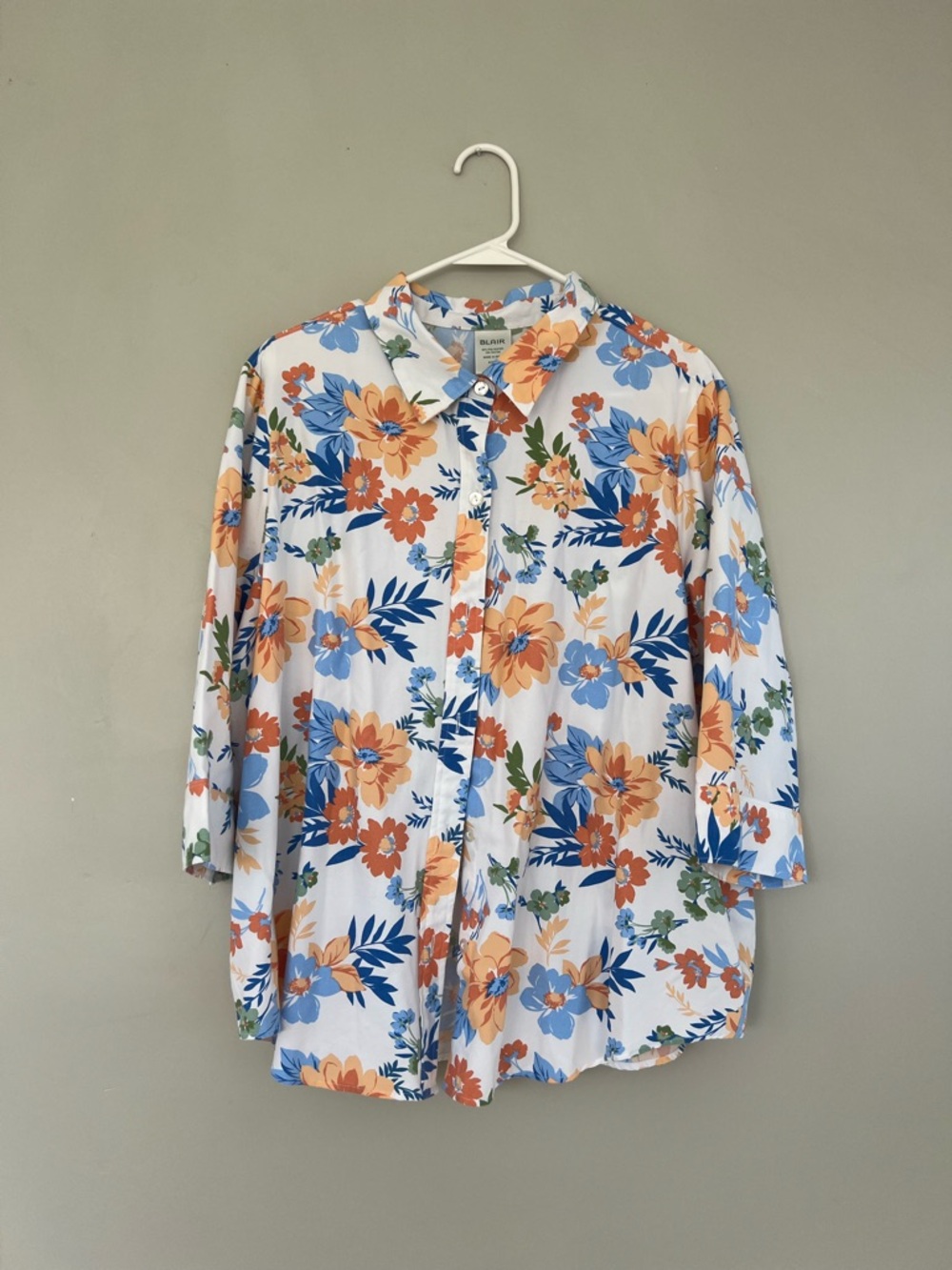 Blair White Floral Button-Up Shirt with Blue, Orange, and Green Print